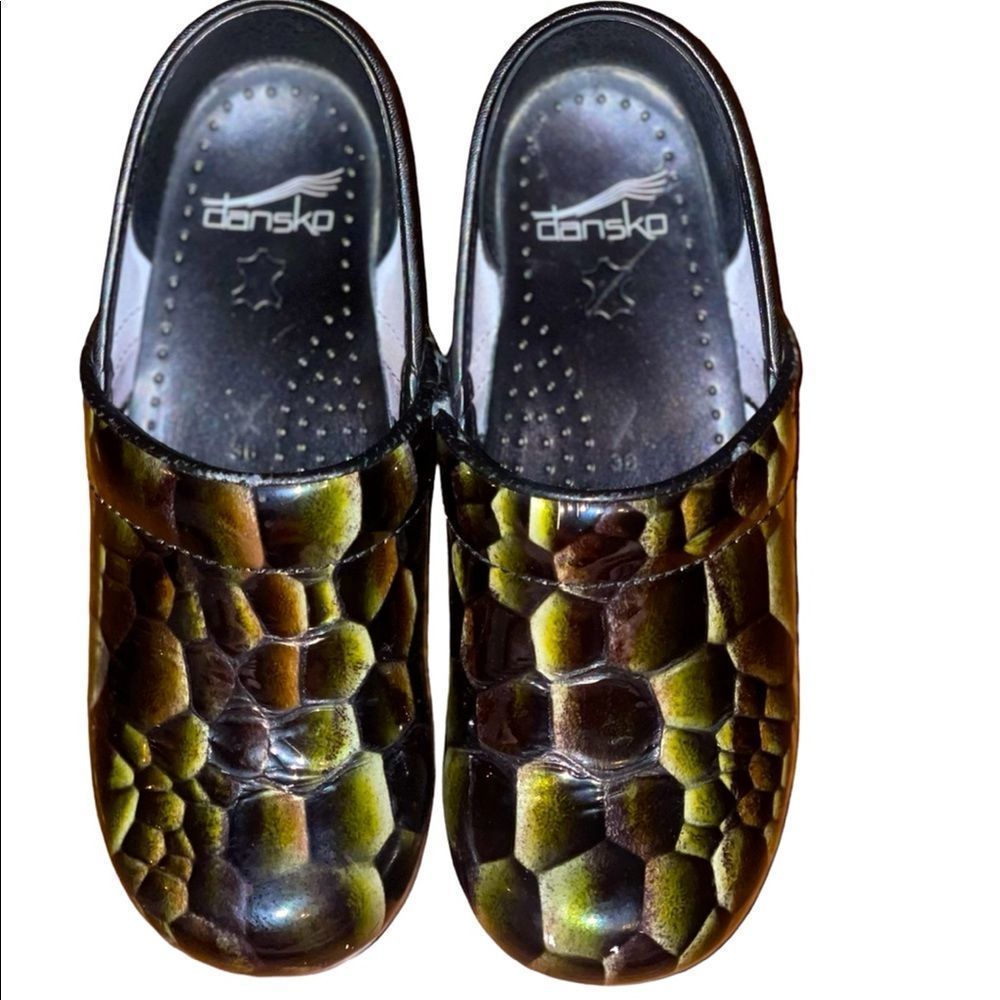 Dansko Iridescent Green Brown Clogs